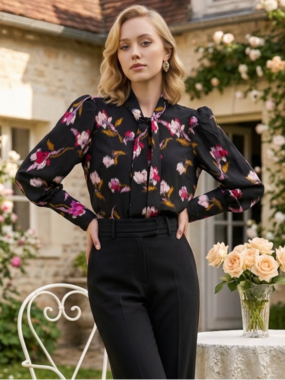 WHO WHAT WEAR Black Floral Tie Neck Long Sleeve Woven Polyester Blouse S